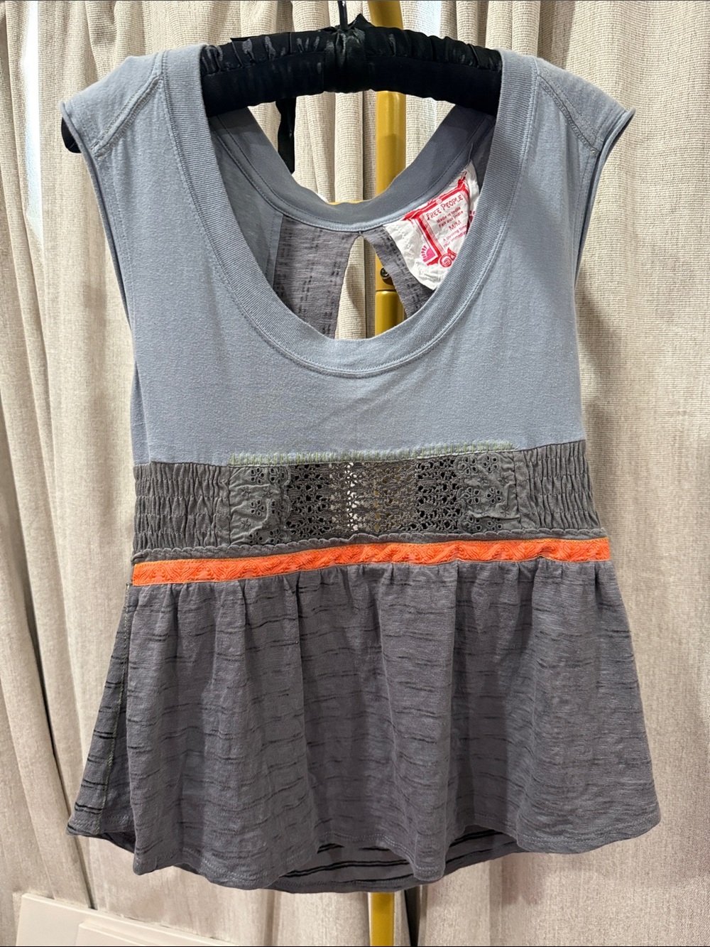 Free People Light Blue and Gray Tank with Orange Trim